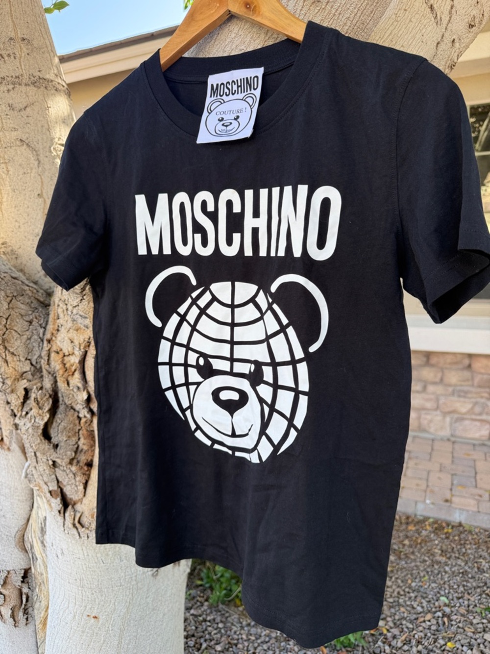 Woman’s Moschino Couture Milano Black Tee with White Logo Bear- Size Small